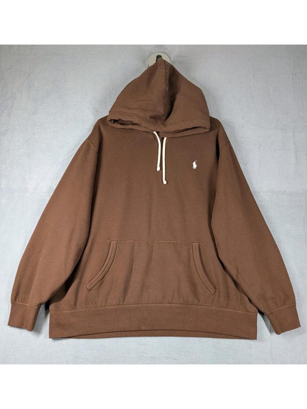 Polo Ralph Lauren Mens 2XL Brown Hoodie Pony Logo Pullover Fleece Casual Cozy